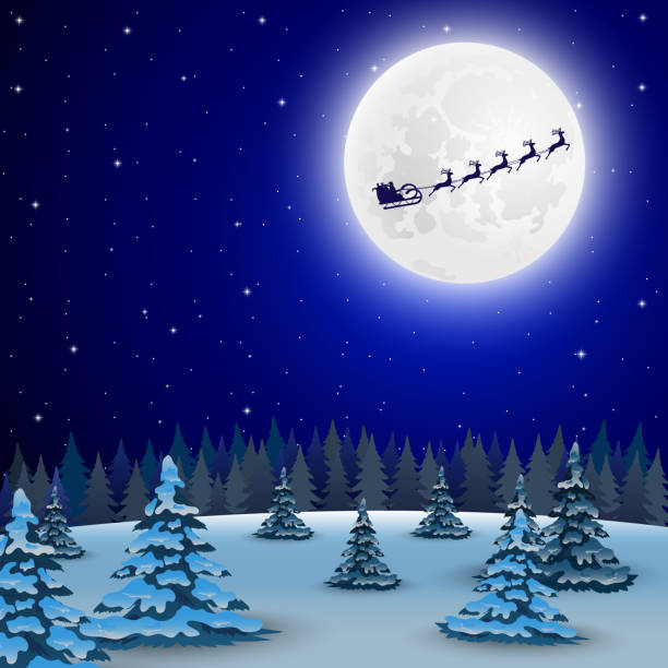 istock Night christmas forest landscape. Santa Claus flies reindeer in 1185944943