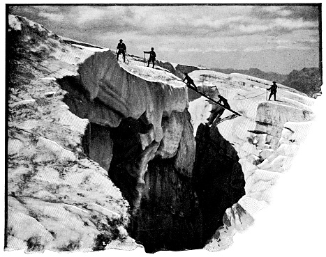 Group of men climbing Mont Blanc in Auvergne-Rhine-Alpes, France. Vintage halftone etching circa late 19th century.