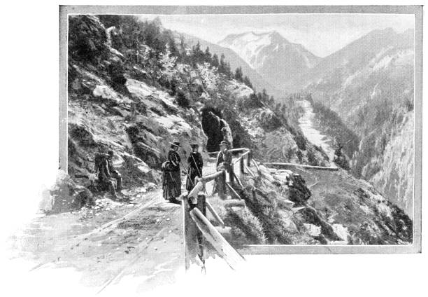 illustrations, cliparts, dessins animés et icônes de personnes sur la route au col de gemmi dans le canton du valais, suisse - 19ème siècle - gemmi