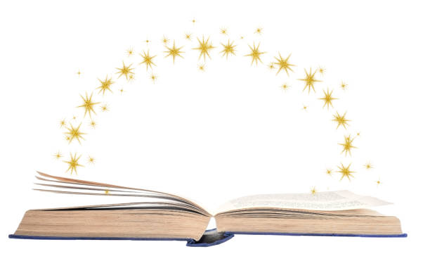 istock Book with opened pages and stars for imagination isolated on white. 1185947545
