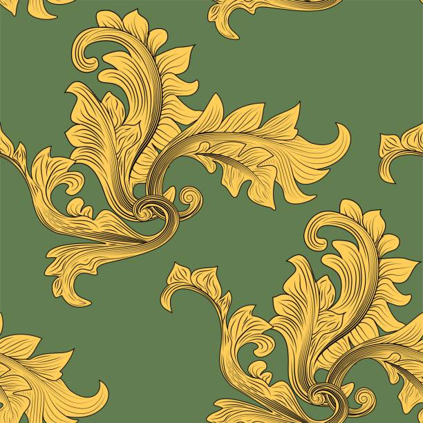 istock Vintage vector ornament template. Yellow victorian pattern in beautiful style on green background. Seamless fabric texture print 1185950058