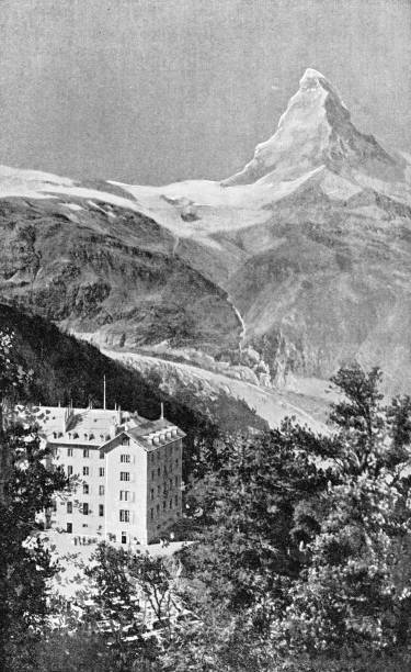 리펠알프 그랜드 호텔 인 더 타운 오브 체르마트 인 발레 캔톤, 스위스 - 19세기 - zermatt stock illustrations
