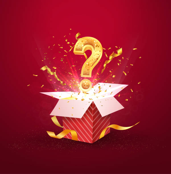 Open textured red box with question sign and confetti explosion inside and on blue background. Mystery gift box with secret isolated vector illustration Open textured red box with question sign and confetti explosion inside and on blue background. Mystery gift box with secret isolated vector illustration. ticker tape stock illustrations