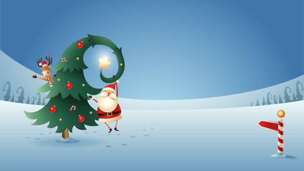 밤에 겨울 풍경에 크리스마스 트리와 산타 클로스와 순록 - santa claus elf christmas holiday stock illustrations