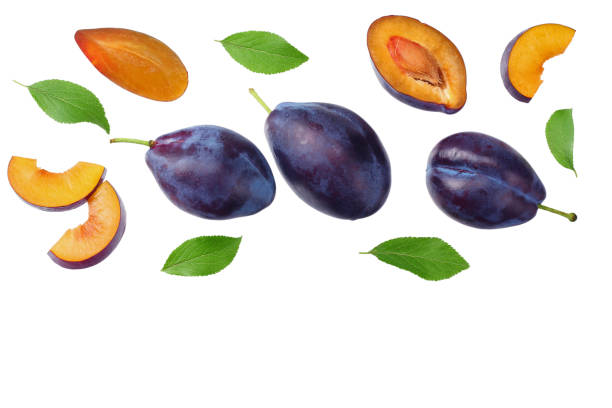 istock fresh plum fruit with green leaf and cut plum slices isolated on white background. top view 1185958149