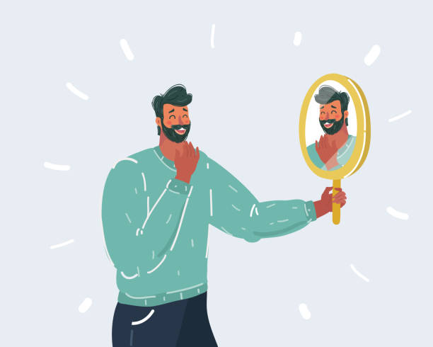 ilustrações de stock, clip art, desenhos animados e ícones de young man looking at reflection in hand mirror. - mirror reflection men individuality