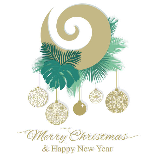 Christmas Koru Gold koru, Maory spiral shape symbol, with green tropical leaves and Christmas ornaments, cut paper style, vector illustration koru stock illustrations