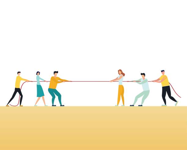 istock Business competition vector concept with teams in tug of war pulling rope. Symbol of competitive fight, struggle, challenge for leadership. Eps10 illustration 1185962042