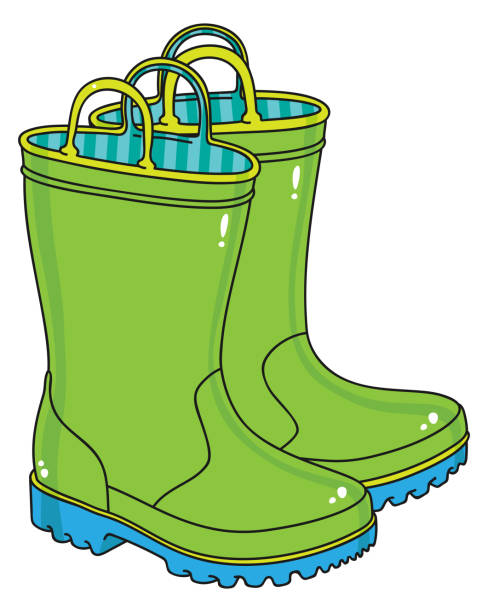 grüne kinder regenstiefel - galoshes stock-grafiken, -clipart, -cartoons und -symbole