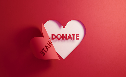 Donate text inside of a red folding heart shape on white background. Horizontal composition with  copy space. Donation concept.