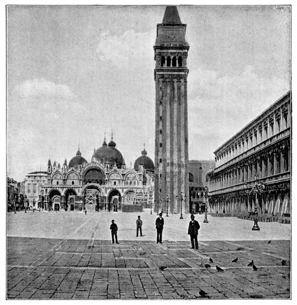 St Mark's Basilica and Campanile at Piazza San Marco in Venice, Italy - 19th Century St Mark's Basilica and Campanile at Piazza San Marco in Venice, Italy. Vintage halftone etching circa late 19th century. campanile venice stock illustrations