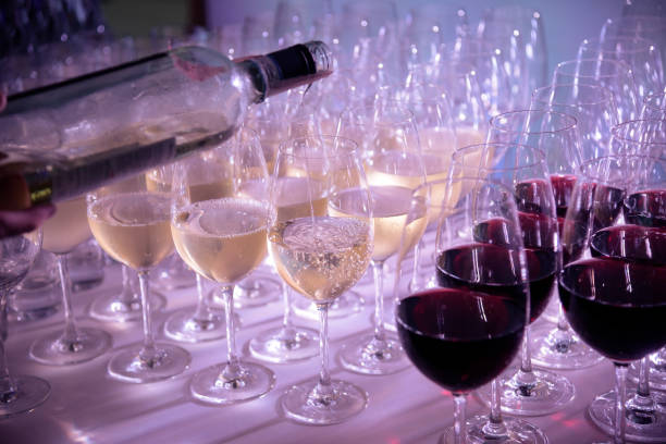 copos de vinho branco e tinto para a festa no clube - welcome sign greeting congratulating wedding - fotografias e filmes do acervo