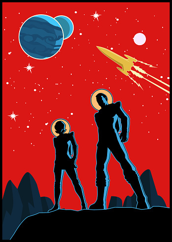 A retro style vector poster illustration of a couple of astronauts with outer space scene in the background. Wide space available for your copy.