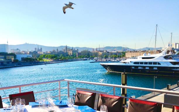 istock Barcelona sea port sunset 1185974091