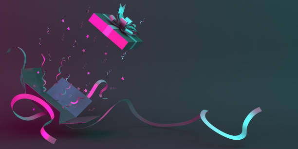 istock Black friday sale event, design creative concept, opened gift box with ribbon and confetti on blue pink neon gradient background, copy space text, flat lay. 1185976200