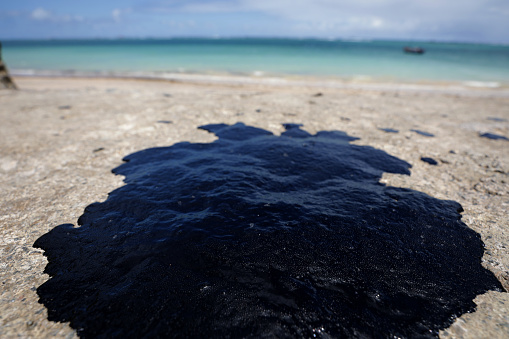 vera cruz, bahia / brazil - October 18, 2019: Oil macha is seen on Praia do Sol, the site was affected by oil spill at sea.