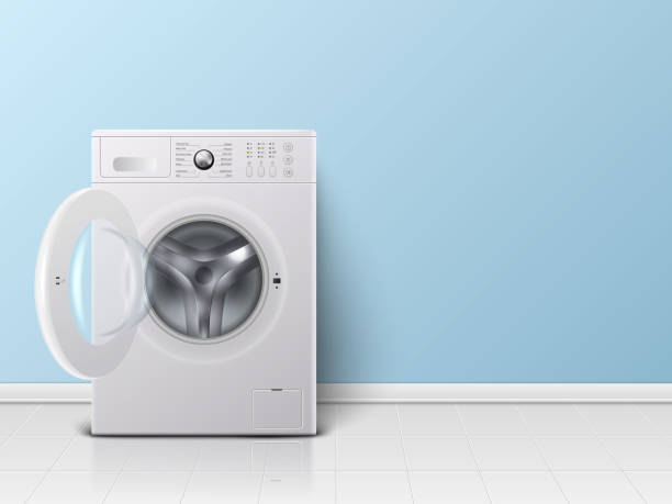 istock Vector 3d Realistic Modern White Steel Opened Washing Machine Closeup. Design Template of Wacher. Front View, Laundry Concept 1185980778