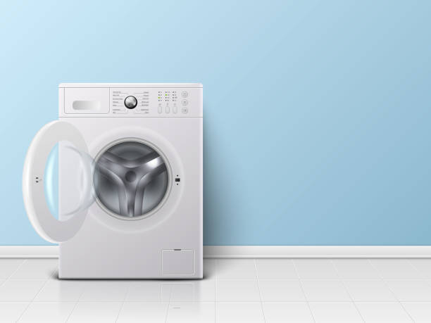 Vector 3d Realistic Modern White Steel Opened Washing Machine Closeup. Design Template of Wacher. Front View, Laundry Concept Vector 3d Realistic Modern White Steel Opened Washing Machine Closeup. Design Template of Wacher. Front View, Laundry Concept. utility room stock illustrations