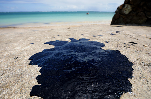 vera cruz, bahia / brazil - October 18, 2019: Oil macha is seen on Praia do Sol, the site was affected by oil spill at sea.