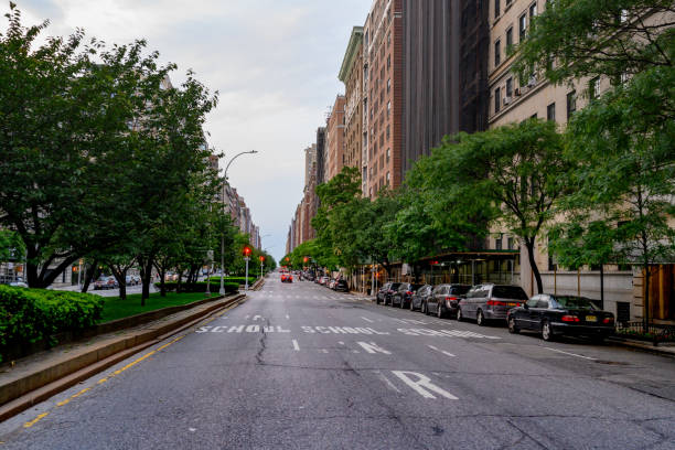 In New York City, USA green trees line both sides of Park Avenue on the Upper East Side of Manhattan.