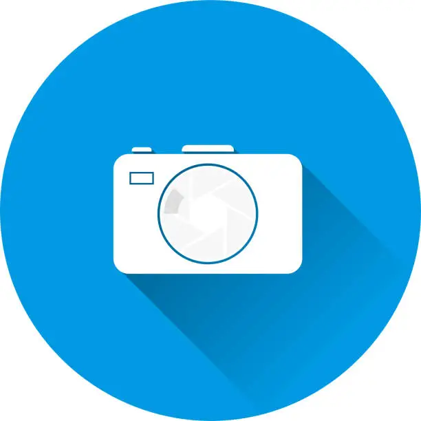 Vector illustration of Vector illustration of a digital camera. Retro camera icon on blue background. Flat image with long shadow. Layers grouped for easy editing illustration. For your design.