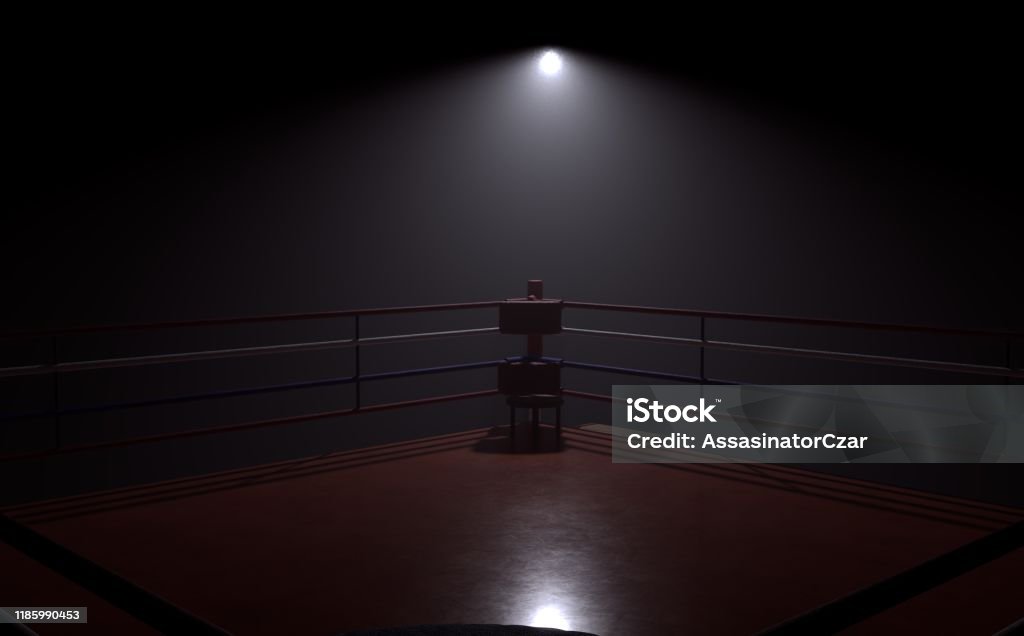 3d rendering illustration of a boxing ring in a dark environment 3d rendering illustration of a boxing ring in a dark with spotlight Boxing Ring Stock Photo