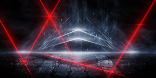 istock 3D Rendering Abstract glowing triangular dome and dark streets, reflections of neon lights on wet asphalt Ray of light and red laser light in the dark The night view of the city road 1185991947