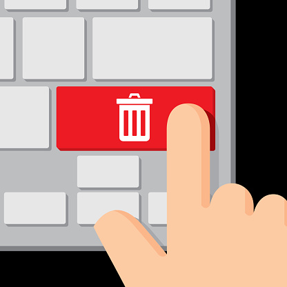 Vector illustration of a computer keyboard with a trashcan icon on a red button and a hand about to press it, in flat style.