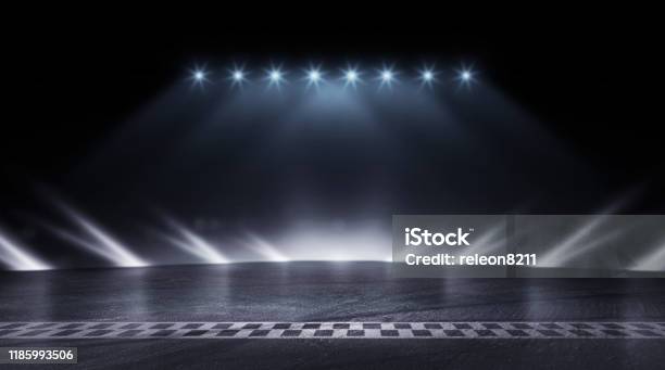 3d Rendering Abstract Race Track Finish Line Racing On Night Stock Photo - Download Image Now