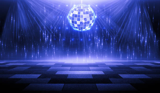 istock 3D Rendering abstract disco stage product showcase spotlight background. Clean photography studio. Abstract blue background with rays of neon light, spotlight. 1185993565