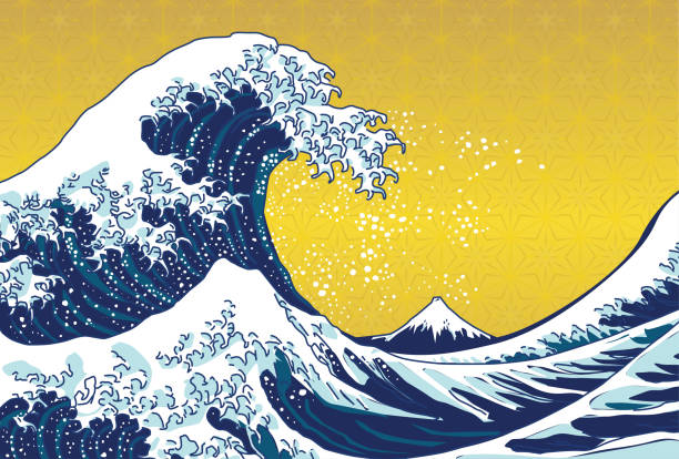 открытка с иллюстрациями волны. японская традиционная модель. - япония иллюстрации stock illustrations