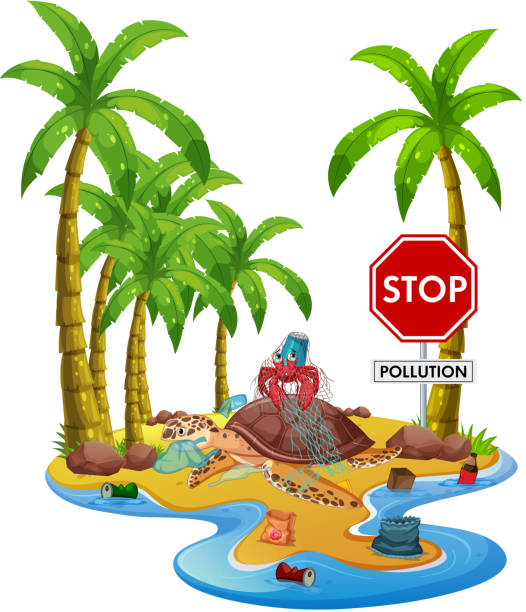 Poster design with trash on the island Poster design with trash on the island illustration hermit crab stock illustrations