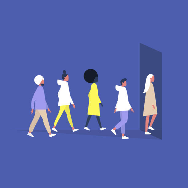 A diverse group of young millennial people walking into a building entrance, daily life A diverse group of young millennial people walking into a building entrance, daily life door illustrations stock illustrations