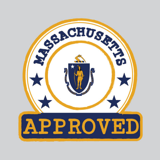 illustrations, cliparts, dessins animés et icônes de timbre vectoriel du logo approuvé avec le drapeau du massachusetts dans la forme ronde sur le centre. les états d'amérique. - massachusetts flag state insignia