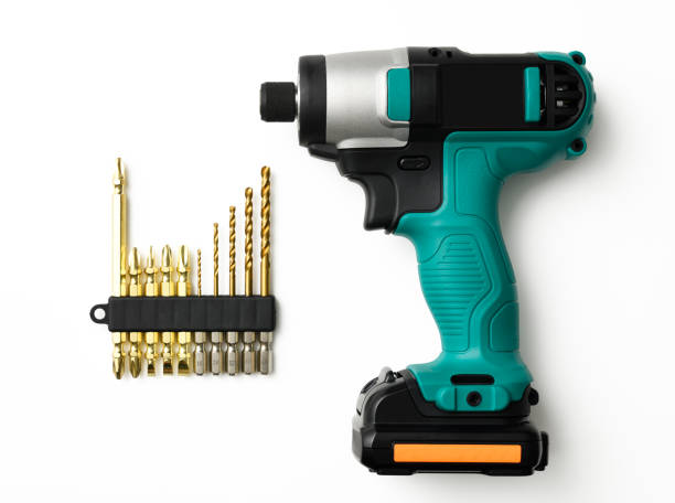 istock Isolated shot of cordless drill with twist bit on white background 1186014482
