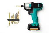Isolated shot of cordless drill with twist bit on white background