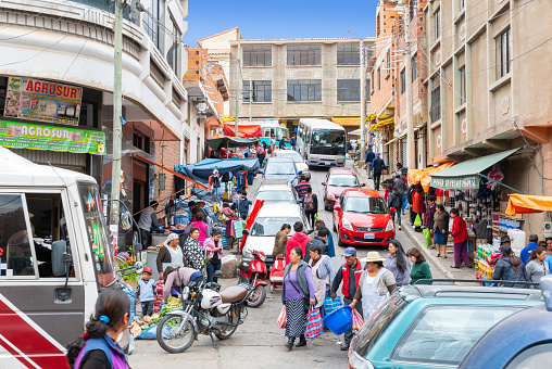 Sucre Bolivia October 19 Every day thousands of people, walking or driving, reach the farmer market in Northern Sucre the biggest market of the city. Shoot on October 19, 2019