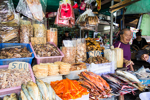 Nonthaburi, Thailand - August 10th 2017: Dried fish market stall. The city lies just to the north of Bangkok.