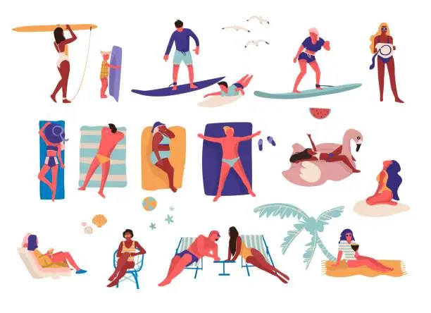 Vector illustration of People at beach. Cartoon characters doing summer activities, surfing and swimming sunbathing. Vector outdoor vacation collection