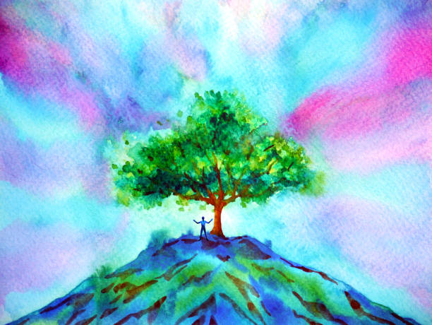 ум духовного человека на горном дереве абстрактного искусства акварелью живописи дизайн дизайн ручной рисунок - complimentary therapy stock illustrations