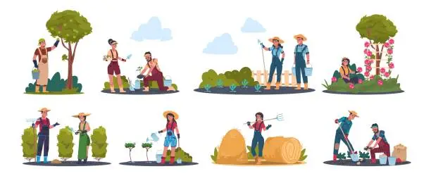 Vector illustration of Agricultural work. Cartoon farmer characters working in field, harvesting crops and fruits. Vector rustic family work scenes set