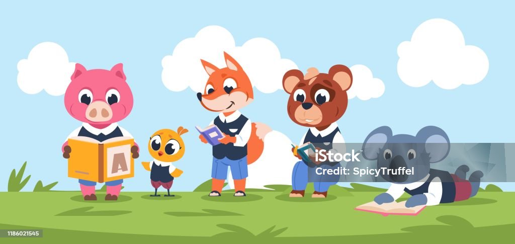 Reading Animal Characters Cute Cartoon Kids Characters Reading Together  Funny Vector Educational Concept With Studying Kids Stock Illustration -  Download Image Now - iStock
