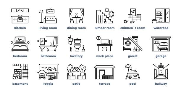 home zimmer linie symbole. wohnzimmer schlafzimmer küche badezimmer einfache umriss piktogramme. vector wohnmöbel-set - home interior sparse bedroom inside of stock-grafiken, -clipart, -cartoons und -symbole