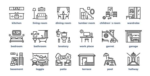 stockillustraties, clipart, cartoons en iconen met home kamers lijn iconen. living room slaapkamer keuken badkamer eenvoudige schets pictogrammen. vector home meubilair set - binnenopname