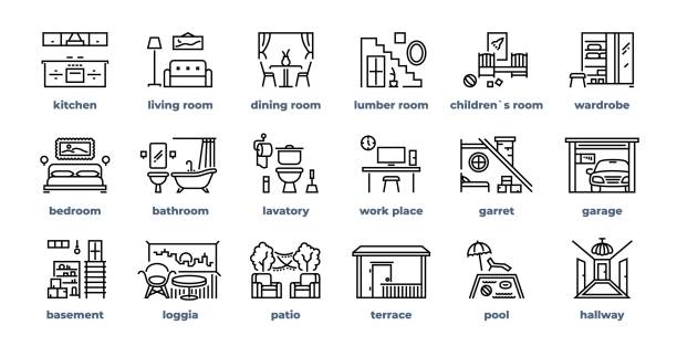 Home rooms line icons. Living room bedroom kitchen bathroom simple outline pictograms. Vector home furniture set Home rooms line icons. Living room bedroom kitchen bathroom simple outline flat pictograms. Vector design home interior furniture set domestic room stock illustrations