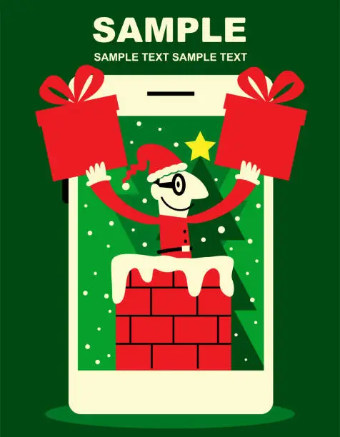 Vector illustration of Santa Claus in chimney on a big mobile phone screen sending gifts, Merry Christmas and New Year Greeting