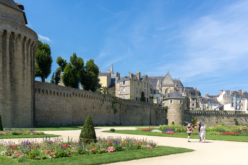 Vannes, Morbihan / France - 25 August, 2019: view of the historic city walls and ramparts of Vannes in Brittany