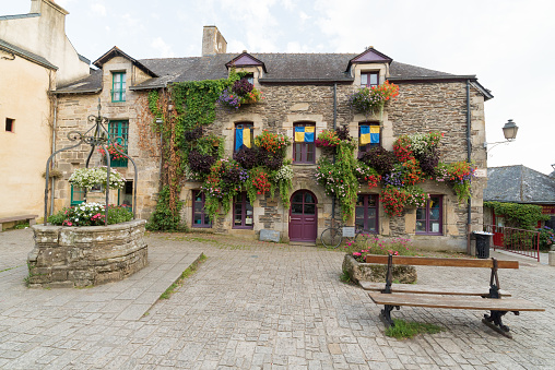 Rochefort-en-Terre, Morbihan / France - 24 August, 2019: center of the historic old town of Rochefort-en-Terre in Brittany