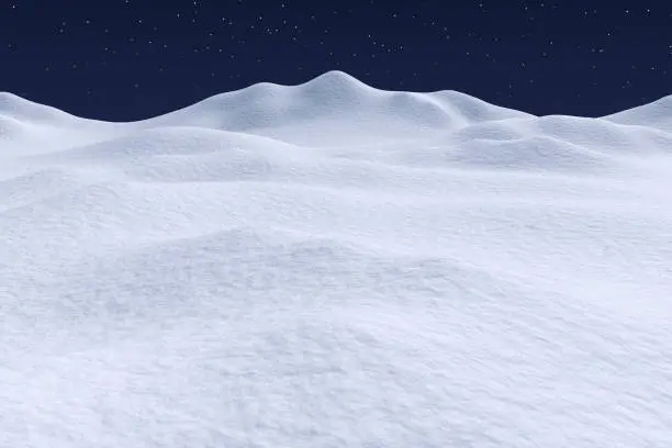White snow hills and smooth snow surface under dark blue night sky with stars, winter snow 3d illustration landscape
