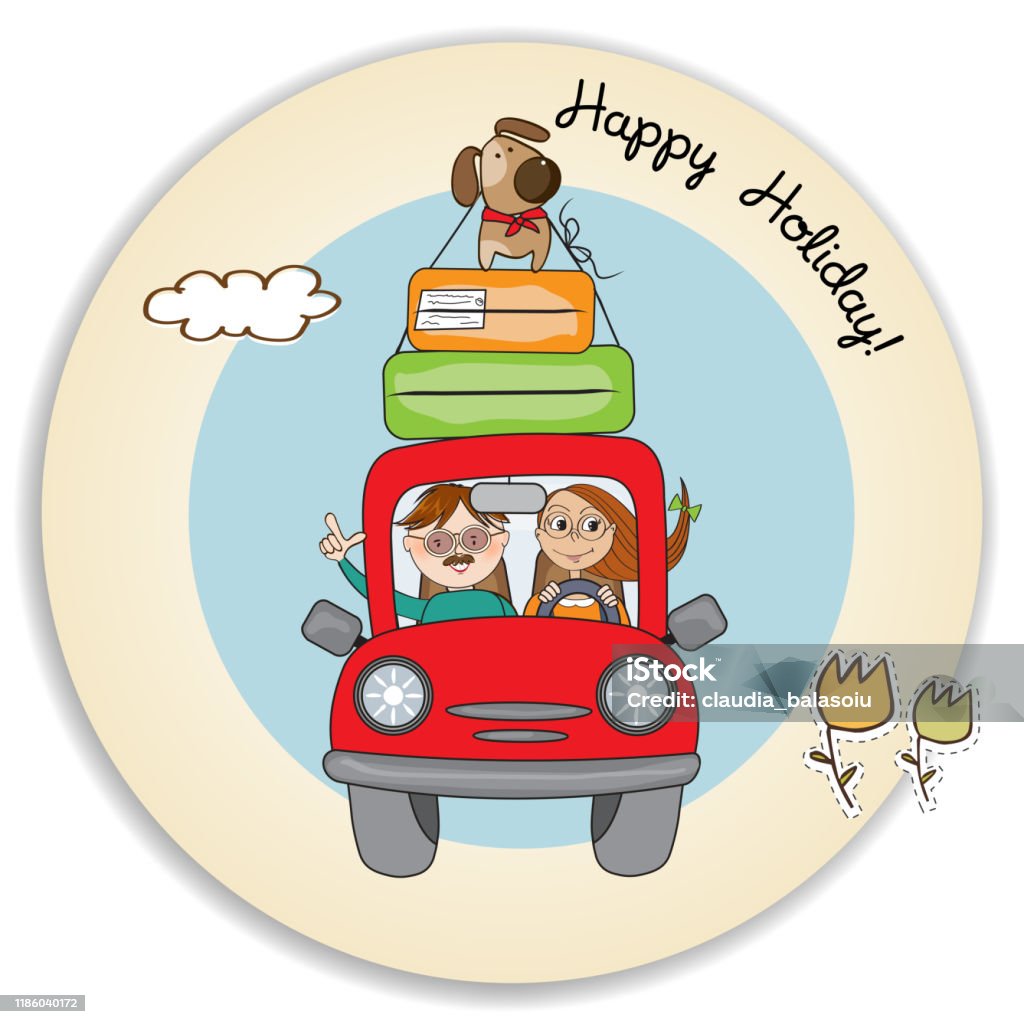 Happy Couple With Their Dog Traveling With Funny Red Car Summer Holiday  Poster Stock Illustration - Download Image Now - iStock